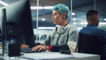Poster - In Diverse Multi-Ethnic Office: Portrait of Young Stylish Woman Working on Desktop Computer. Non-Binary Person Creating Modern Content, Do Contemporary Project Design, Create Colorful Marketing