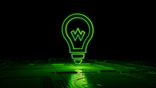 Green Neon Light Lightbulb Icon. Vibrant Colored Innovation Technology Symbol, On A Black Background With High Tech Floor. 3D Render
