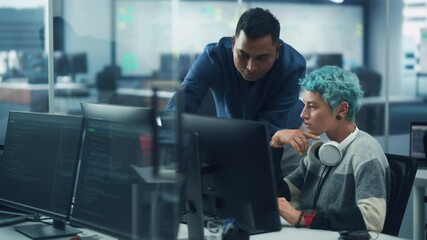 Poster - Teamwork In Diverse Office: Project Manager Talks with Creative Solutions Specialist, They Discuss Design Shown Desktop Computer. Professionals Create Modern Content, e-Commerce Social Media Strategy