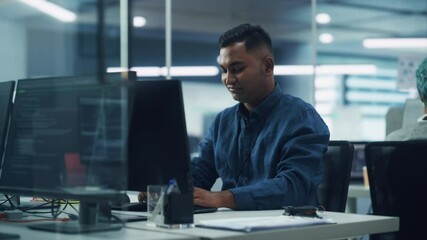 Poster - In Diverse Office: Portrait of Handsome Indian Man Working on Desktop Computer. Focused Professional Creates Innovative Software, Modern App Design. Stylish Multi-Ethnic Authentic Workplace