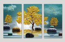 3d Modern Canvas Art Mural Wallpaper Landscape Lake Background. Moon In Water And Golden Christmas Tree,  Gray Mountain, Sun With Clouds And Golden Birds . Suitable For Use As A Frame On Walls .