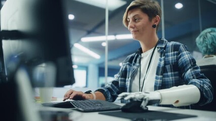 Aufkleber - Diverse Body Positive Office: Portrait of Motivated Woman with Disability Using Prosthetic Arm to Work on Computer. Brave Professional with Futuristic Body Powered Myoelectric Bionic Hand