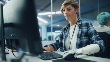 Aufkleber - Diverse Body Positive Office: Portrait of Motivated Woman with Disability Using Prosthetic Arm to Work on Computer. Brave Professional with Futuristic Thought Controlled Myoelectric Bionic Hand