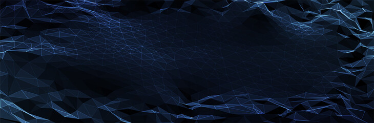 Wall Mural - Abstract Blue Background. Dark low poly triangle pattern. Virtual computer Landscape. Technology style. Sci-fi surface. Banner or presentation template. Vector illustration