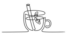 Hot Drinks Menu One Line Vector Banner, Background With Mulled Wine Doodle. Single Line Art Illustration With Hot Drinks. Mulled Wine, Grog, Hot Cider.
