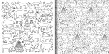 Forest Animals And Plants Objects Set And Seamless Pattern