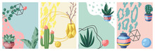 Cards With Cactuses And Succulents. Decorative Spiky Flowering Cacti And Plants In Flowerpots.