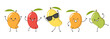 Set mango tropical fruit character cartoon colors yellow red orange green happy dancing smiling face emotions icon vector illustration.