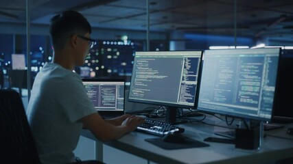 Poster - Night Office: Young Japanese Man in Working on Desktop Computer. Digital Entrepreneur Typing Code, Creating Modern Software, e-Commerce App Design, e-Business Programming. Over Shoulder