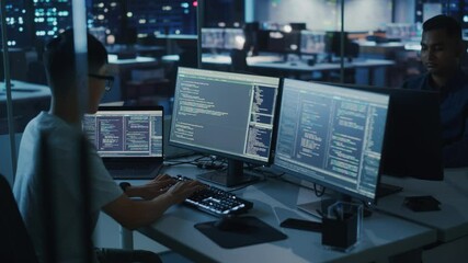 Poster - Night Office: Young Japanese Man in Working on Desktop Computer. Diverse Multi-Ethnic Team of Programmers Typing Code, Creating Modern Software, e-Commerce App Design, e-Business Programming. Arc Shot