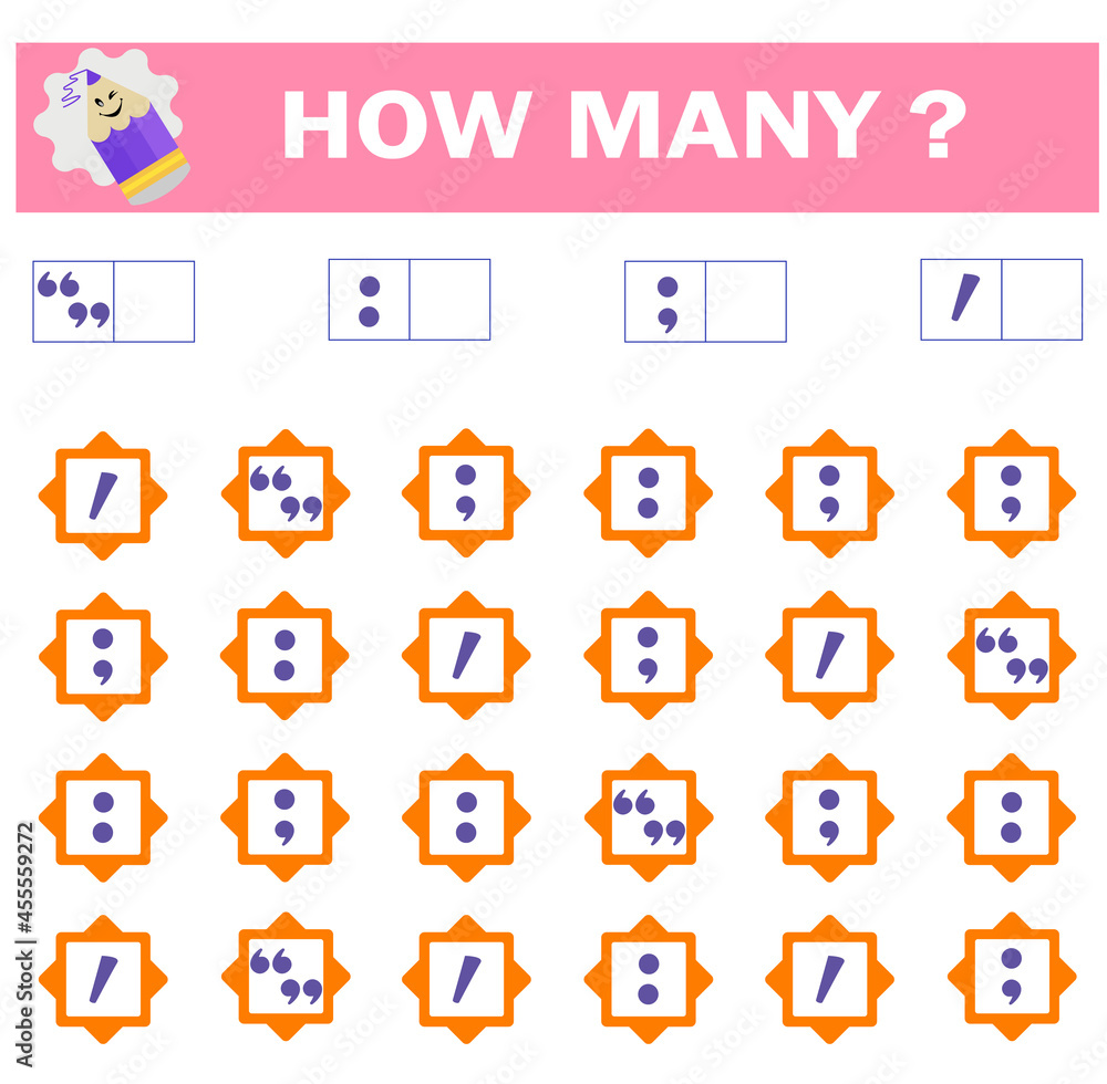 Mathematical game for Preschool children. Count how many punctuation ...