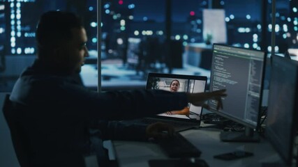 Poster - Remote Teamwork In Office at Night: Project Manager Talks with Creative Solutions Specialist Via Video Conference Call. International Startup Company Specialists Doing Online Meeting to Brainstorm