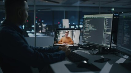 Poster - Remote Teamwork In Office at Night: Project Manager Talks with Creative Solutions Specialist Via Video Conference Call. International Startup Company Specialists Doing Online Meeting to Brainstorm