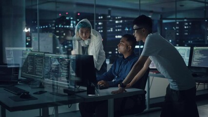 Poster - Diverse Team of Professionals Meeting in Office at Night: Brainstorming IT Programmers Use Computer Together, Talk Strategy, Discuss Planning. Software Engineers Develop Inspirational App Program