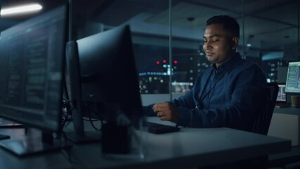 Poster - Night Office: Portrait of Handsome Indian Man in Working on Desktop Computer. Digital Entrepreneur Typing, Creating Software, e-Commerce App Design, Programming. Thoughtful Happy Man Finding Solution