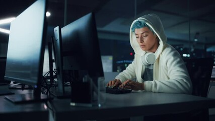 Poster - Late at Night in Office: Portrait of Young Stylish Freelancer Woman Working on Desktop Computer. Non-Binary Person Creating Modern Content, Do Contemporary Project Design, Create Colorful Marketing