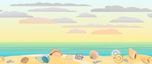 Frontal View Of The Seashore. Yellow Sandy Beach. Soft Sunset Sky With Light Clouds. Distant Horizon. Shellfish And Snail Shells. Close Up View. Seamless Vector.