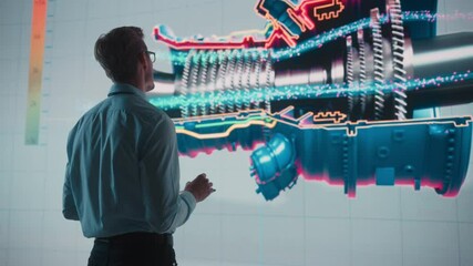 Fototapete - Innovative Green Energy Startup: Engineer Designing Engine Using Tablet Computer and Big Wall Screen to Analyse Prototype. Concept for Sustainable Environmnetally Friendly Carbon Neutral Turbine