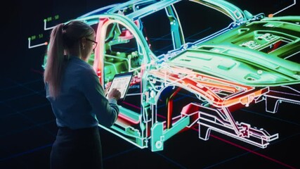 Leinwandbilder - Innovative Green Energy Startup: Female Engineer Designing Electric Car Using Tablet Computer and Big Wall Screen to Analyse Prototype. Concept for Sustainable Zero Emissions Carbon Neutral Vehicle