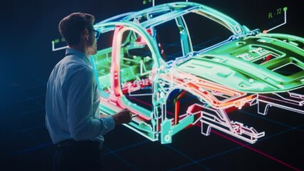 Fototapete - Innovative Green Energy Startup: Male Engineer Designing Electric Car Using Tablet Computer and Big Wall Screen to Analyse Prototype. Concept for Sustainable Zero Emissions Carbon Neutral Vehicle