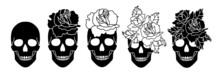Set Of Skulls With A Rose In A Line Art Style.