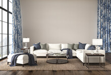 Coastal Design Living Room. Mock Up White Wall In Cozy Home Interior Background. Hampton Style 3d Render Illustration.