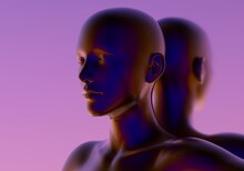 Surrealistic 3d Illustration Of A Human Head On Purple Background. Concept Of Cyborg And Artificial Intelligence.