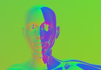 Canvas Print - Surrealistic 3d illustration of a human face made of holographic material. Concept of cyborg and artificial intelligence.