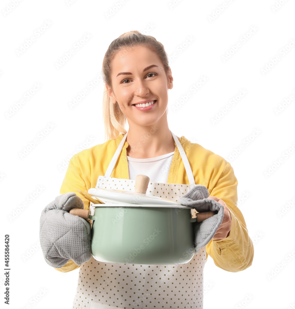 Young housewife with saucepot on white background