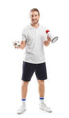 Wall Mural - Sport fan with ball and megaphone on white background