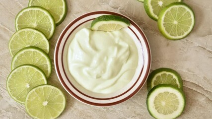 Canvas Print - Lime slices appearing around a dish of yogurt stop motion animation