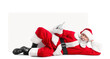 Lying Santa Claus with blank poster on white background