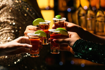 Wall Mural - Women with shots of tasty tequila in bar, closeup