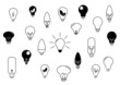 Żarówka - kolekcja 21 ikon do projektów. Kontury żarówek. Wieloznaczny symbol: idea, rozwiązanie, pomysł, radzenie sobie z problemem, geniusz, ekologiczna energia. Koncept lampy, światła.