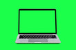 © banphote - Laptop computer with blank green screen isolated on green background.