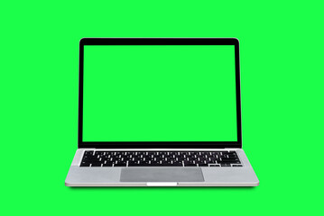 Wall Mural - Laptop computer with blank green screen isolated on green background.