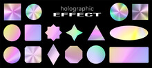 Holographic Silver Shiny Foil In Different Frames And Forms For Stickers, Logo, Info Frame. Vinyl Light Sticker Set With Ultraviolet Metallic Effect. Holographic Gradient Mark Concept For Label, Seal