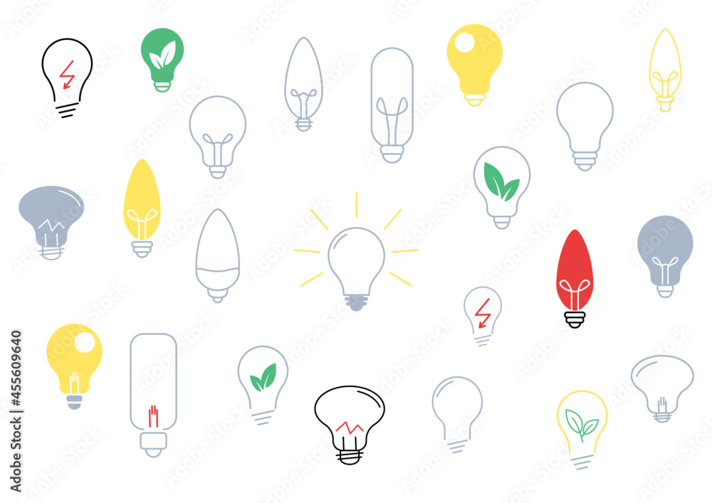 Żarówka - kolekcja kolorowych ikon do projektów. Kontury żarówek. Wieloznaczny symbol: idea, rozwiązanie, pomysł, radzenie sobie z problemem, geniusz, ekologiczna energia. Koncept lampy, światła.. - obrazy, fototapety, plakaty 