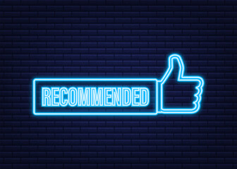 Poster - Recommend icon. White label recommended on blue background. Neon icon. Vector stock illustration.