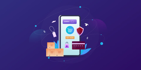Wall Mural - mobile ecommerce security, using bank credit card securely on smartphone ecommerce app, financial da