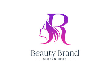 Sticker - Letter R beauty logo design. Woman face silhouette isolated on letter R