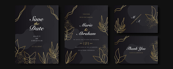 Design wedding invitation template set. Modern luxury premium floral texture elements and golden frames on a black background