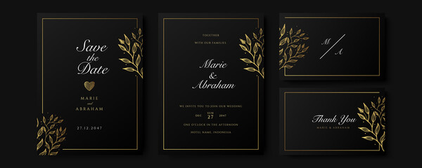 Set of card with gold flower rose, leaves. Wedding black and gold concept. Floral poster, invite. Vector decorative greeting card or invitation design background