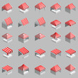 © hadeev - Set Isometric market stall, tent. Street awning canopy kiosk, counter, white red strings for fair, street food, market, grocery goods. Vector isolated