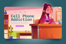 Sad Girl Looking At Mobile Phone. Concept Of Cell Phone Addiction, FOMO, Overuse Social Media. Vector Banner Of Digital Gadget Addiction With Cartoon Teen In School Classroom