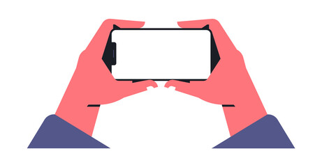 Hand holding a telephone. Empty screen, mobile app, phone mockup, application on touch screen device. Vector illustration isolated on white background.