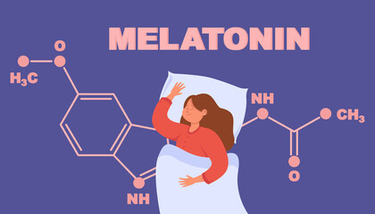 Wall Mural - Isolated drawing of girl sleeping and melatonin chemical formula. Hormone growth during sleep flat vector illustration. Health, medicine concept for banner, website design or landing web page