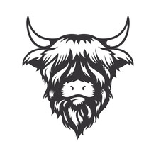 Highland Cow Head Design On White Background. Farm Animal. Cows Logos Or Icons. Vector Illustration.