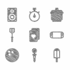 Canvas Print - Set Playing cards, Joystick for arcade machine, Ice cream, Portable video game console, Bowling ball, Spatula, Cooking pot and Stereo speaker icon. Vector