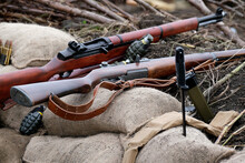 British Second World War SMLE Lee Enfield Rifles And Other Weapons.